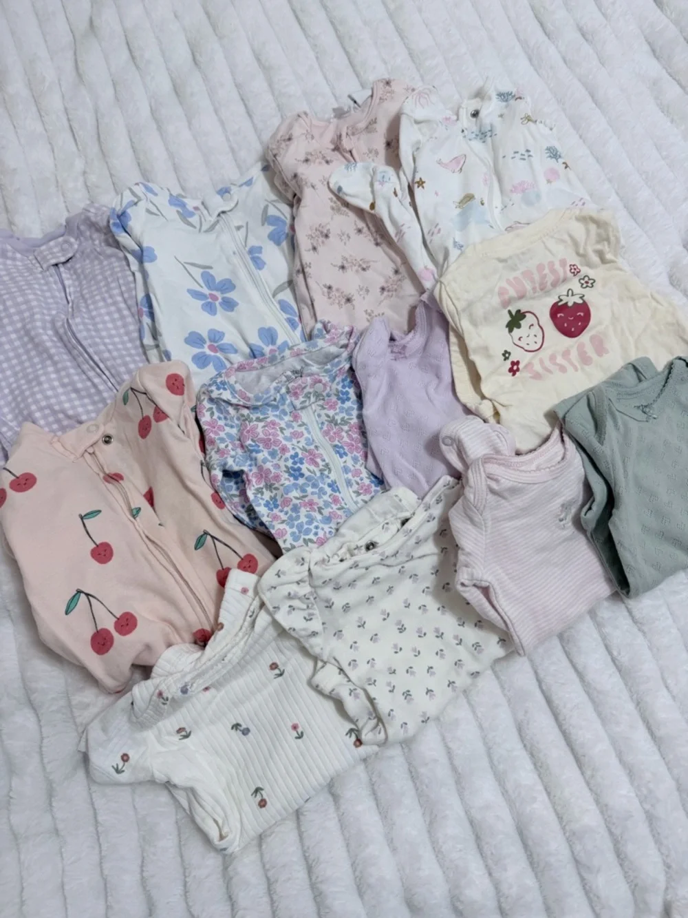 Mixed Baby Girl Sleepers and Onesies - Pastel Floral & Fruit Prints - Picture 1 of 13